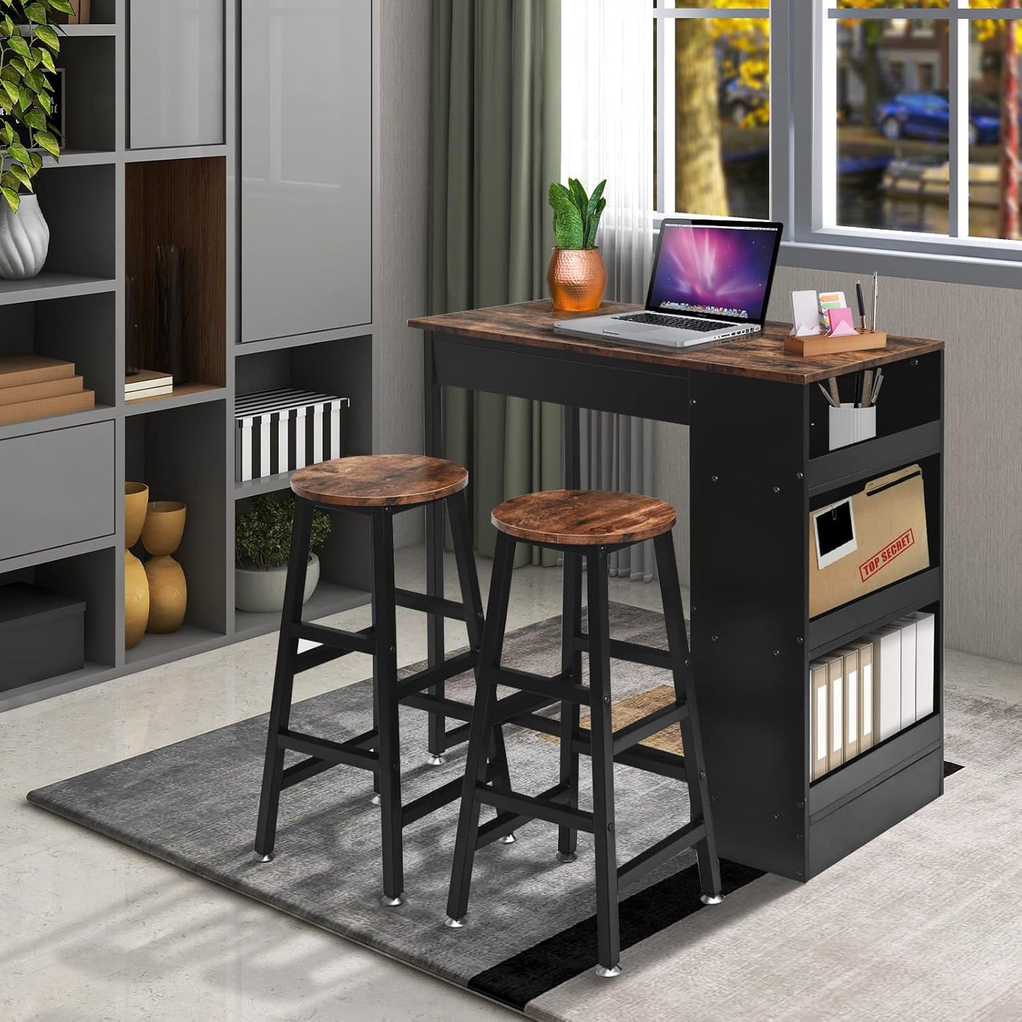 3 Piece Bar Set, 2 Stools with 3-Tier Side Shelves & Footrest